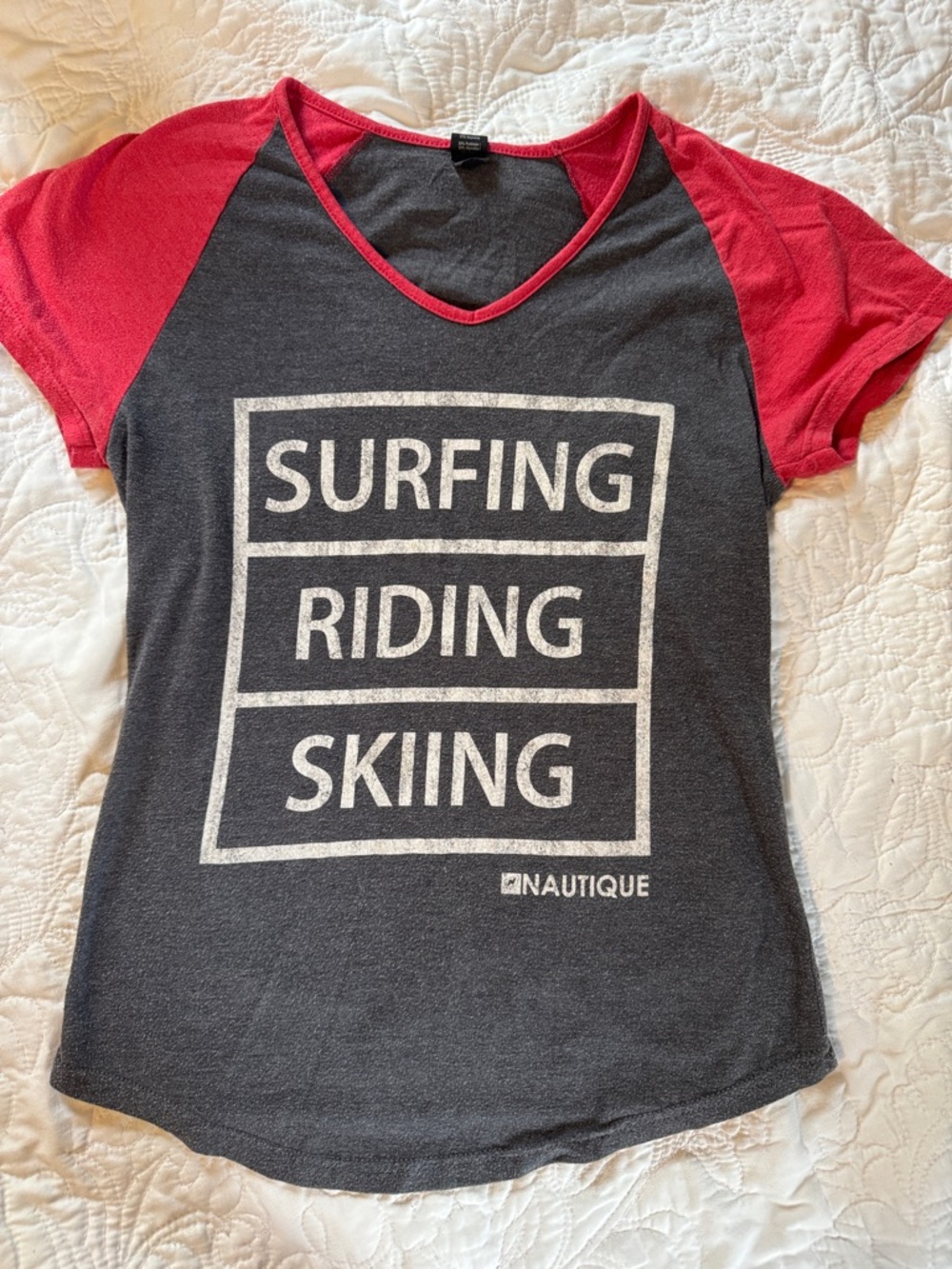 Women's Charcoal V-Neck Tee with Coral Sleeves